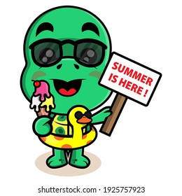 Caricatura divertida de Tortuga Personajes comiendo un helado, usando gafas de sol y boya de pato, y cargando un cartel con "¡El verano está aquí!" texto, mejor para pegatinas o mascotas con temas de vacaciones de verano para