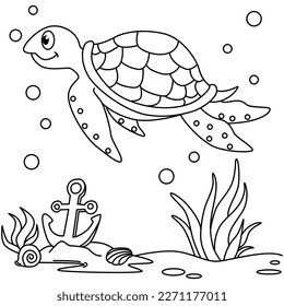 Funny turtle cartoon characters vector illustration. For kids coloring book.