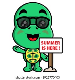 Funny Turtle cartoon characters wearing sunglasses and standing beside a billboard with "Summer Is Here !" text, best for logo or mascot of summer vacation themes for kids