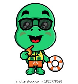 Personajes cómicos de Tortuga divertida con gafas de sol y traje de baño, soplan un silbato y llevan una boya, mejor para el logo o mascota de temas de salvavidas de playa para niños