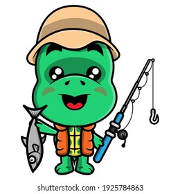 Funny Turtle cartoon characters wearing fisherman hat and life jacket, catch a fish and carrying a fishing rod, best for logo or mascot of angler themes of children
