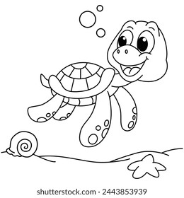 Divertida tortuga de dibujos animados para colorear libro.