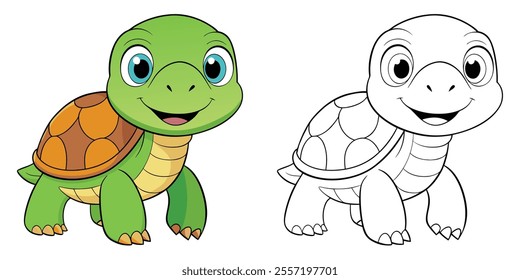 Funny Turtle Cartoon Coloring Page For Kids. Animal Coloring Book Printable Vector Illustration
