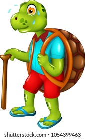 funny turtle cartoon walking with smile and bring stick