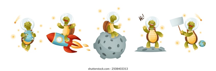Funny Turtle Character Explore Outer Space Vector Set