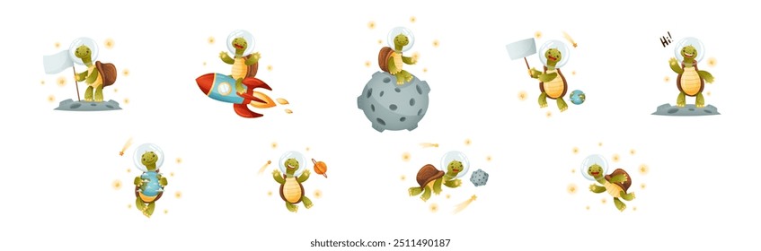 Funny Turtle Character Explore Outer Space Vector Set