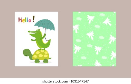 funny turtle and crocodile with an umbrella vector print in cartoon style.