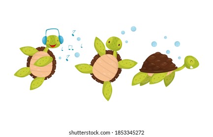 Funny Turtle Floating Underwater and Listening to Music Vector Set
