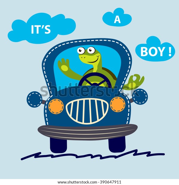 Funny turtle on a car. Cute car vector\
illustration. It\'s a boy message. T-shirt design.\
