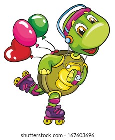 Funny turtle on roller skates on a white background, vector illustration