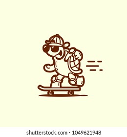 Funny turtle on a skateboard in linear style. Vector illustration.