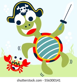 Funny turtle in pirate cap holding sword with crab undersea, vector cartoon illustration