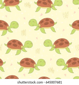 funny turtle print in cartoon style. pattern.
