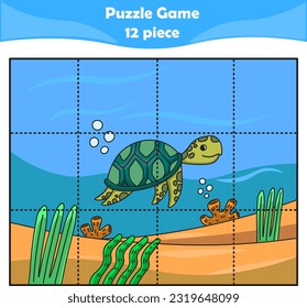 Funny turtle. Puzzle games for kids. 12 piece. Child education. Vector illustration