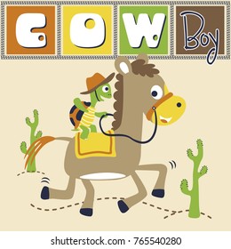 funny turtle riding horse, vector cartoon illustration