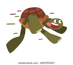 Funny Turtle Running, Fast Tortoise Animal Cartoon Character Vector Illustration on White Background