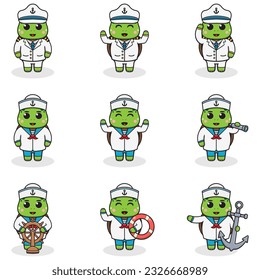 Funny Turtle sailors set. Cute Turtle  characters in captain cap cartoon vector illustration. Set of cute funny little sailors vector illustration. Cute funny animals sailors.