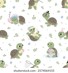 Funny turtle seamless pattern. Cartoon turtles, positive children mascots background. Adorable fabric wallpaper wrapping print design, nowaday vector texture