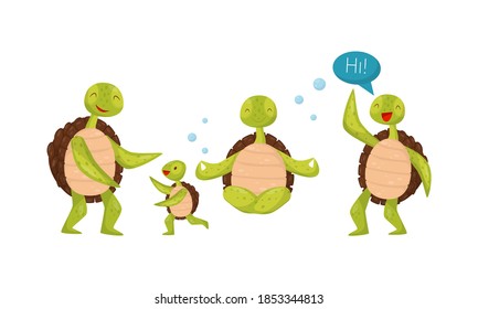 Funny Turtle Sitting in Yoga Pose and Greeting Vector Set