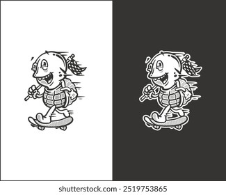 Funny Turtle Skateboarding Cartoon Style Illustration for Merchandise TShirts Posters Logos Web Design and Extreme Sports Themed Projects