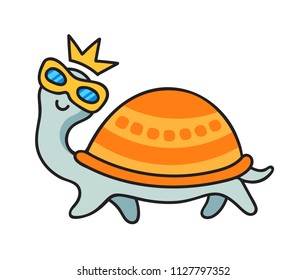 Funny turtle in sunglasses and crown. Cool cartoon character. Sticker, patch, badge, pin for kids, children, babies. Vector illustration.