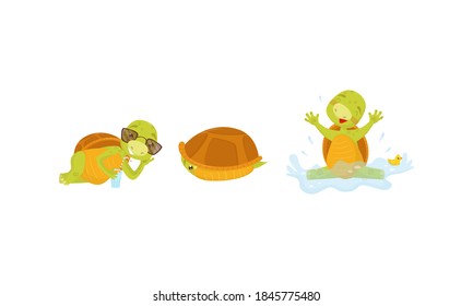 Funny Turtle or Tortoise with Shell Drinking Cocktail and Swimming Vector Set