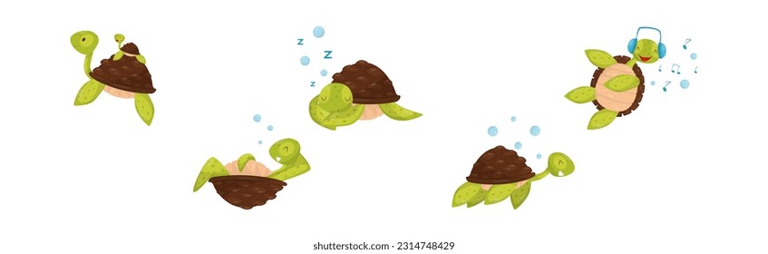 Funny Turtle or Tortoise with Shell Engaged in Different Activities Vector Set