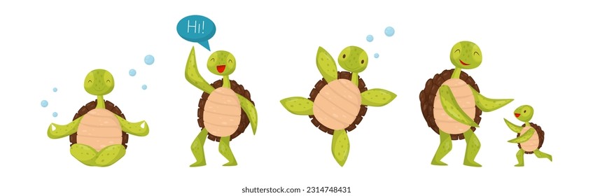 Funny Turtle or Tortoise with Shell Engaged in Different Activities Vector Set