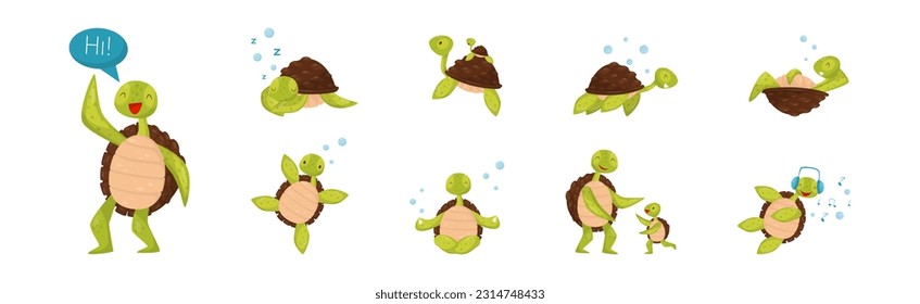 Funny Turtle or Tortoise with Shell Engaged in Different Activities Vector Set