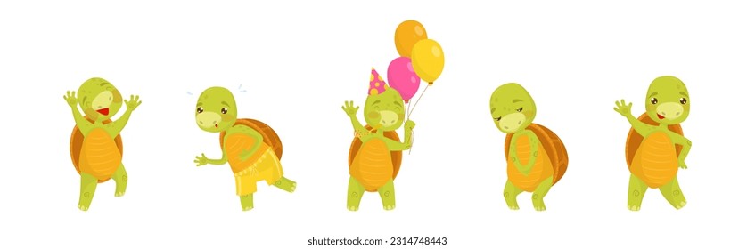 Funny Turtle or Tortoise with Shell Engaged in Different Activities Vector Set