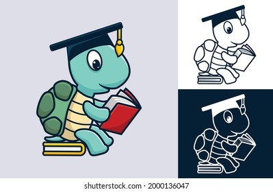 Funny turtle wearing graduation hat sitting on book while reading book. Vector cartoon illustration in flat icon style