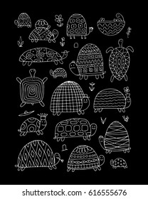Funny turtles collection, sketch for your design. Vector illustration