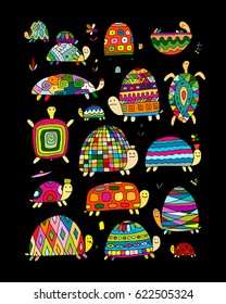 Funny turtles collection, sketch for your design. Vector illustration