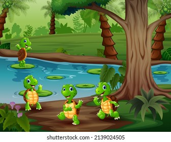 Funny turtles playing in the river illustration