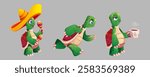Funny turtles set isolated on background. Vector cartoon illustration of funny sea animal playing maracas in sombrero hat, running marathon, walking sleepy with coffee cup, underwater wildlife mascots