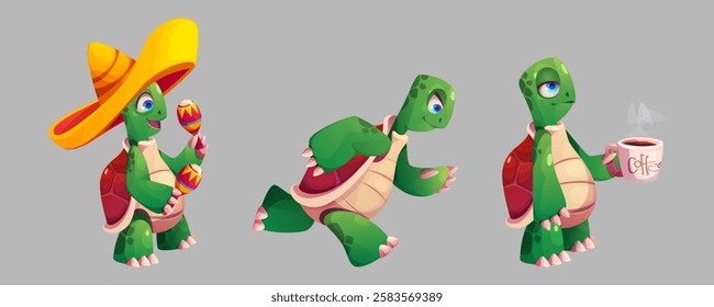 Funny turtles set isolated on background. Vector cartoon illustration of funny sea animal playing maracas in sombrero hat, running marathon, walking sleepy with coffee cup, underwater wildlife mascots