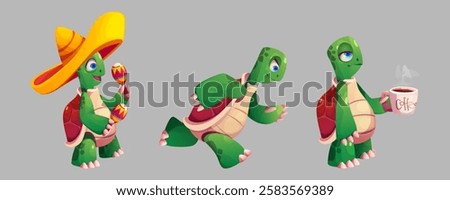 Funny turtles set isolated on background. Vector cartoon illustration of funny sea animal playing maracas in sombrero hat, running marathon, walking sleepy with coffee cup, underwater wildlife mascots