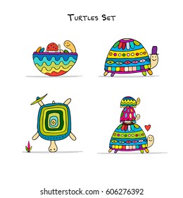 Funny turtles set, sketch for your design