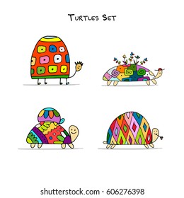 Funny turtles set, sketch for your design