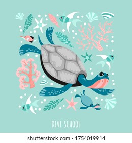 Funny turtles surrounded by marine plants, corals and fish. Diving school banner template. Cartoon illustration in a flat style.