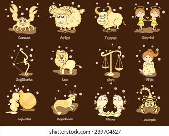 Funny twelve Zodiac or Horoscope sign on brown background.