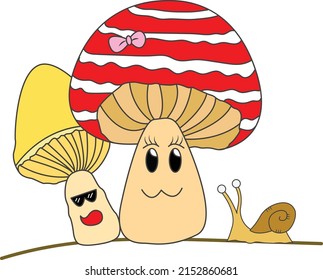 Funny twin mushroom characters drawn by hand. And also the snail who always accompanies twin mushrooms 