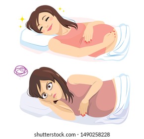 Funny Two Action Situations Of Sleeping Pregnant Woman Happy Dreaming And Sad With Insomnia