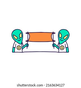 Funny two aliens character holding empty banner, illustration for t-shirt, sticker, or apparel merchandise. With doodle, retro, and cartoon style.