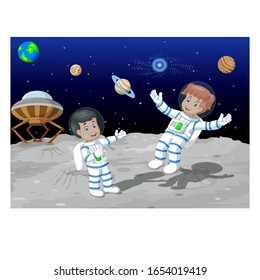 Funny Two Astronauts Flying Zero Gravity On Moon Cartoon