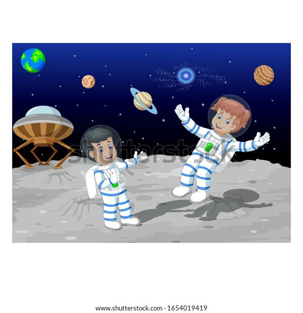 Funny\
Two Astronauts Flying Zero Gravity On Moon\
Cartoon