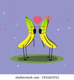 Funny two bananas. Quarantine. Masked bananas. Two bananas in love. Funny fruits. Bananas lovers