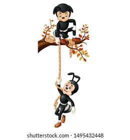 Funny Two Black Ant Climbing A Tree Cartoon For Your Design