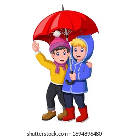 Funny Two Boys Under Red Umbrella in Rainy Day Cartoon