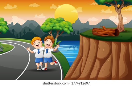 Funny two boys walking to school